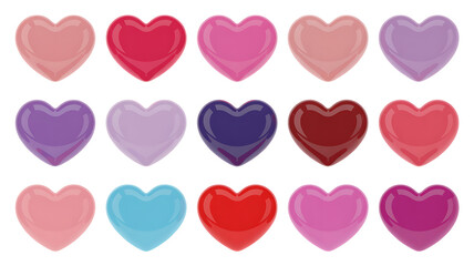 Collection of fifteen glossy heart shapes in various pastel and vibrant colors arranged in three rows  isolated on a transparent background