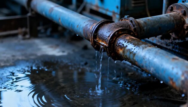 Leaking rusty pipe dripping water on industrial floor, water damage, plumbing issues pipe water, leak, drip.