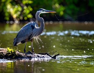 A majestic, long-necked wading bird perches on a submerged log, fishing in a calm, reflective body of water