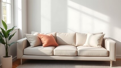 corner. Contemporary sofa with neutral-toned pillows in a minimalist living room corner, showcasing modern design. real-estate listings.
