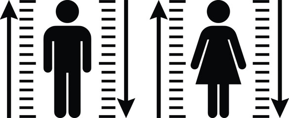 Black and White Male and Female Human Height Measurement Icon Set, Person Standing Next to Ruler, Medical Records, Growth, and Body Dimensions Concept, Flat Vector Illustration,