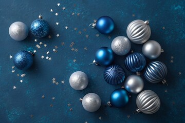 A festive overhead view of a collection of blue and silver christmas ornaments scattered across a dark blue textured background with shimmering glitter accents creating a magical holiday atmosphere