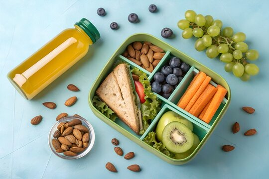Healthy and balanced bento box lunch with sandwich fruits vegetables nuts and juice bottle for a nutritious meal on a light blue background from a top down view
