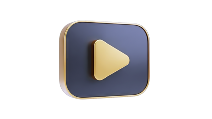 Golden Play Button Icon on a Dark Blue Square with Rounded Corners and Gold Trim Isolated on a Transparent Background