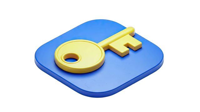 Golden Key Icon Rests On A Blue Square With Rounded Corners And A Subtle Shadow Indicating Access And Security Concepts In A Clean 3D Render - Powered by Adobe
