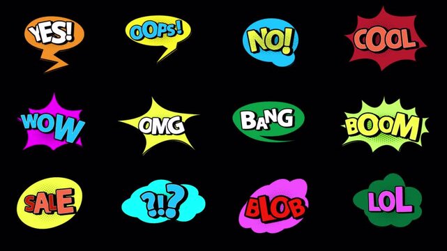 Comic bubble cartoon set animation on transparent background, vintage explosion colorful comic bubble set animated.