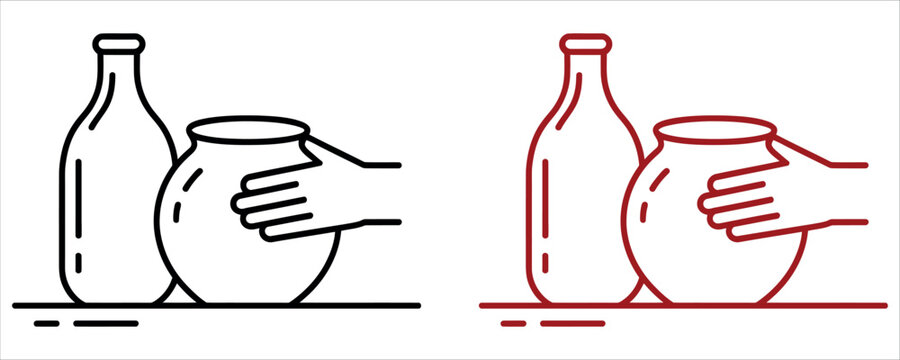 Crafting pottery, a hand gently shapes clay in a studio art class, displaying the skill of pottery making, line art with red and black colors.