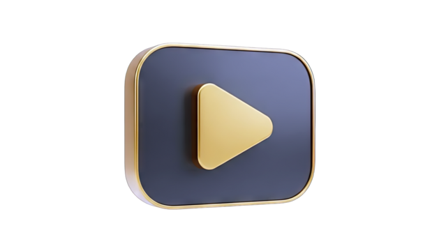 Golden Play Button Icon on a Dark Blue Square with Rounded Corners and Gold Trim Isolated on a Transparent Background - Powered by Adobe