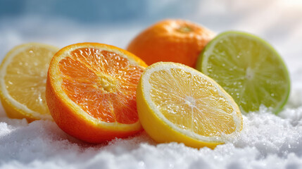 Bright citrus on snow: Sliced orange, lemon, and lime halves, showcasing freshness and vibrant color against a cold, white backdrop