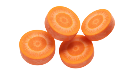 Four Sliced Carrot Rounds on a White Background orange vegetable isolated on a transparent background