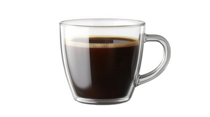 A clear glass mug filled with dark coffee resting against a stark black background in a studio shot on transparent background