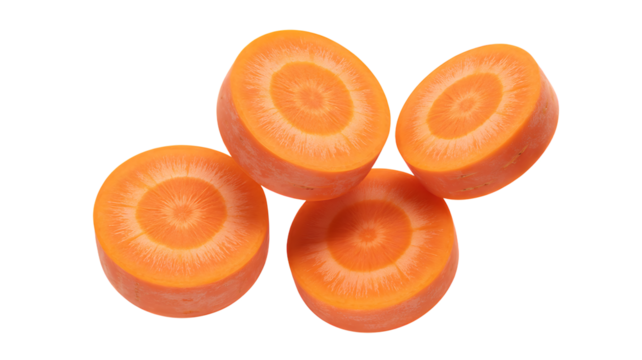Four Sliced Carrot Rounds on a White Background orange vegetable isolated on a transparent background