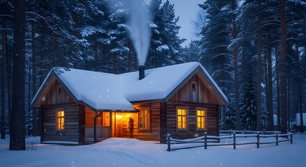 Cozy wooden cabin in snowy winter forest with glowing windows and chimney smoke at night