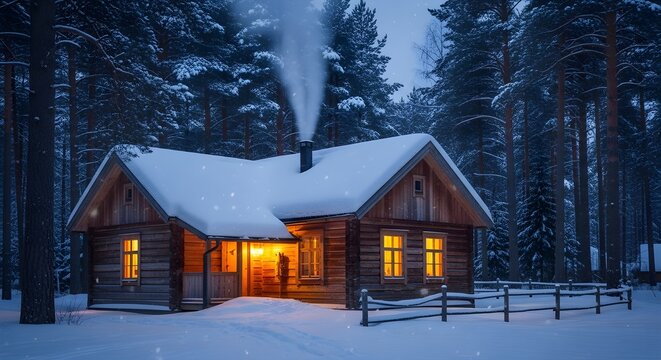 Cozy wooden cabin in snowy winter forest with glowing windows and chimney smoke at night