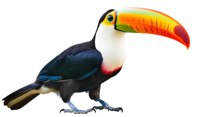 Obraz premium A colorful toucan bird with a large beak standing against a stark black background in a studio shot