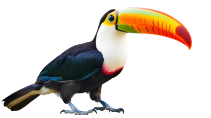 A colorful toucan bird with a large beak standing against a stark black background in a studio shot
