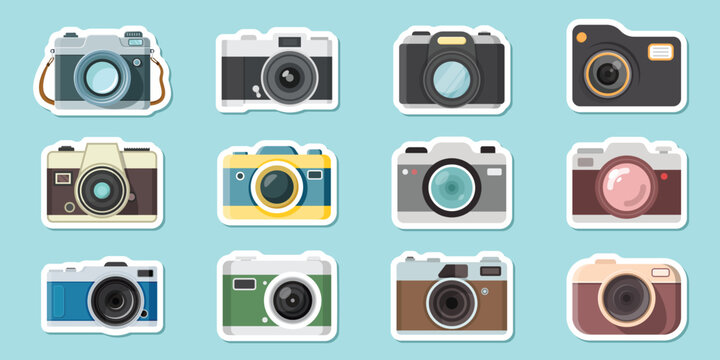 Photo camera sticker icon set in flat style. Photography equipment vector illustration on isolated background. Professional photographic sign business concept.