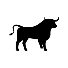 Obraz premium Silhouette image of a black bull with horns standing on white background
