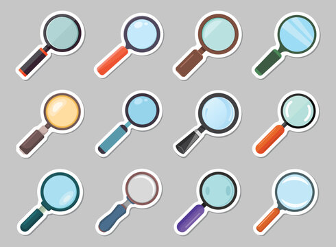 Magnifying glass sticker icon set collection in flat style. Loupe vector illustration on isolated background. Searching sign business concept.