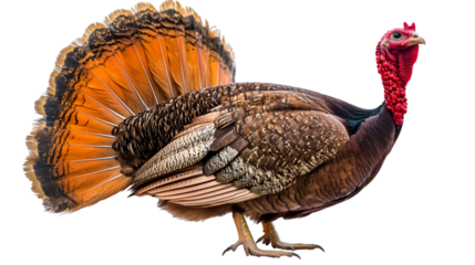 Standing turkey with orange and brown feathers displayed against a black background view from the side