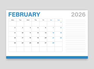 Calendar february 2026 icon in flat style. Planner vector illustration on isolated background. Calender sign business concept.