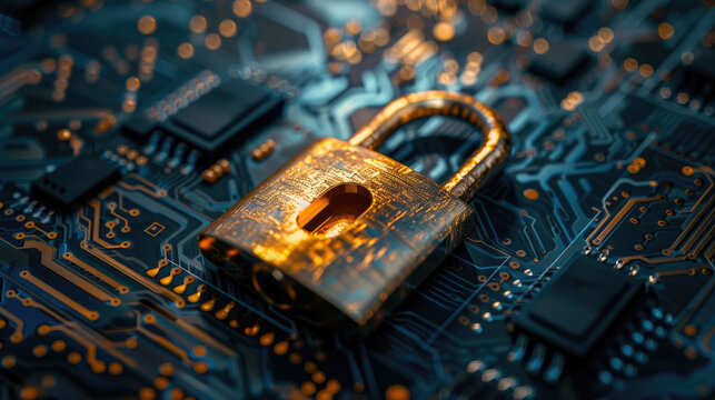 Golden padlock with etched details on a dark circuit board, lit by warm orange and cool blue lights, symbolizing digital security