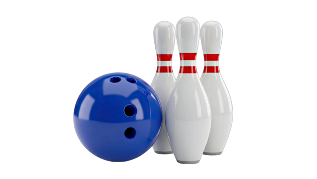 Realistic 3D Render of a Blue Bowling Ball and White Pins with Red Stripes on a Transparent Background Ideal for Sports and Recreation Concepts