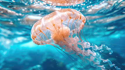 Macro shot of a translucent orange jellyfish gracefully swimming in pristine, clear blue ocean water with bright bokeh