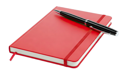 Red Hardcover Notebook with Black Pen on Top Showing Elastic Band and Ribbon Bookmark Isolated on Transparent Background