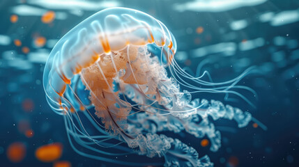 An ethereal, bioluminescent jellyfish with glowing orange elements swimming in dark, deep blue ocean water, viewed in macro