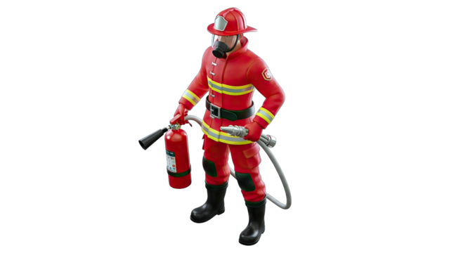 Red Firefighter in Full Gear with Helmet Mask and Extinguisher Ready for Action Against Fire Emergency Services Professional Safety Equipment Dramatic Studio Lighting