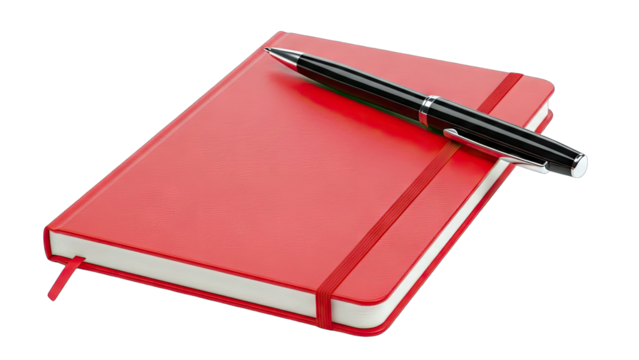 Red Hardcover Notebook with Black Pen on Top Showing Elastic Band and Ribbon Bookmark Isolated on Transparent Background