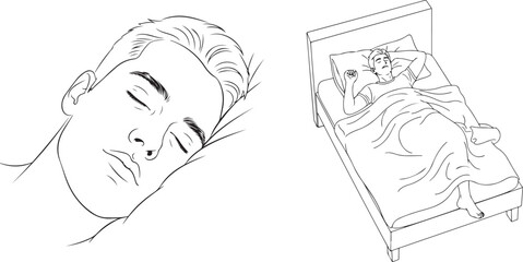 Black and White Line Art of Men Sleeping Peacefully in Bed