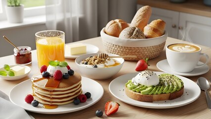 Breakfast table spread with pancakes and assorted food