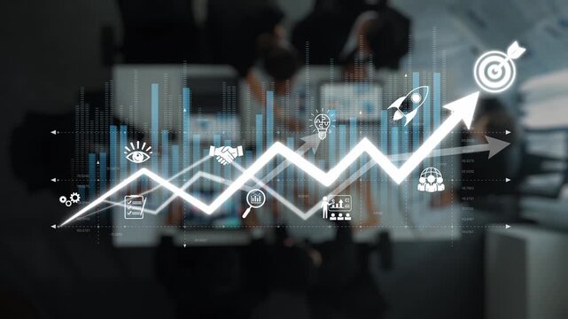 This abstract image features a dynamic growth arrow alongside various business icons, symbolizing innovation and success in a modern corporate environment. Raster