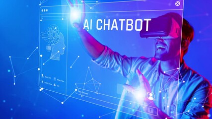 A young man experiences excitement while wearing a virtual reality headset, engaging with an AI chatbot in a vibrant digital space filled with futuristic elements. Raster