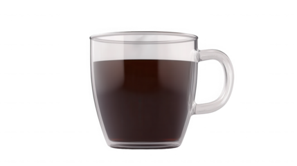 A clear glass mug filled with dark liquid against a plain black background in a studio setting on transparent background