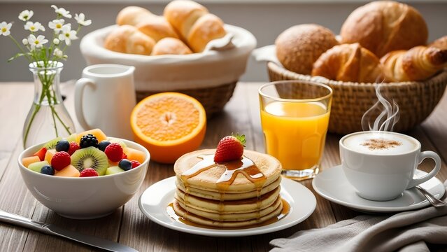 Breakfast spread with fruit pancakes juice bread and coffee