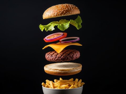 Delicious deconstructed cheeseburger with ingredients floating above crispy golden french fries - Powered by Adobe