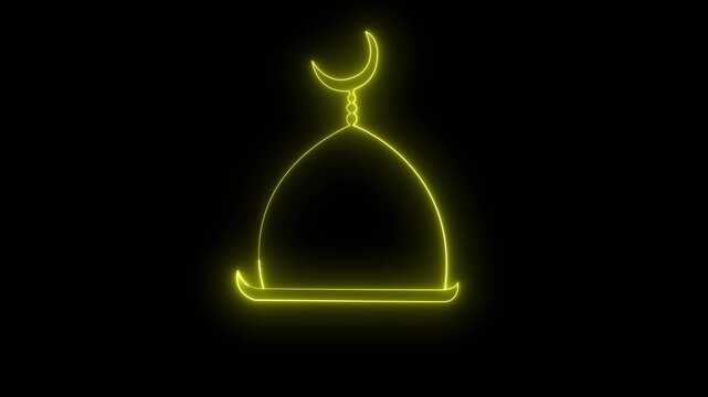 Abstract neon glowing color masque icon animation on black color background,Mosque icon animation in flat line style.Mosque minaret icon design