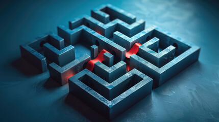 Small metallic maze with a glowing red path highlighting the solution. Strategy, challenge, and guidance in complex problems