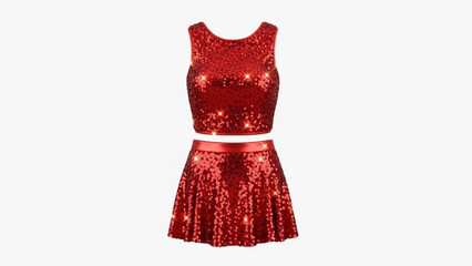 Sparkling red sequin crop top and flared mini skirt set with satin waistband perfect for parties festivals and glamorous events
