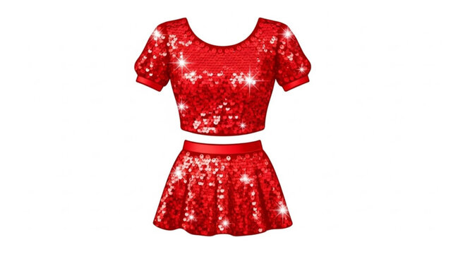 Sparkling red sequin crop top and flared mini skirt set with glitter accents and a white background perfect for parties and celebrations