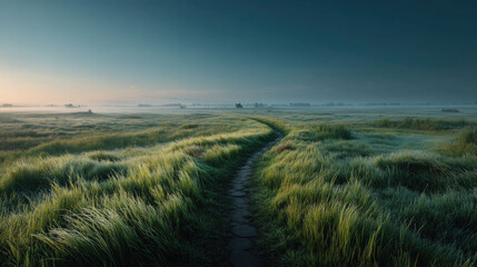 Winding path through a vast, dewy field at dawn with low-lying mist under a dark sky. Journey and nature