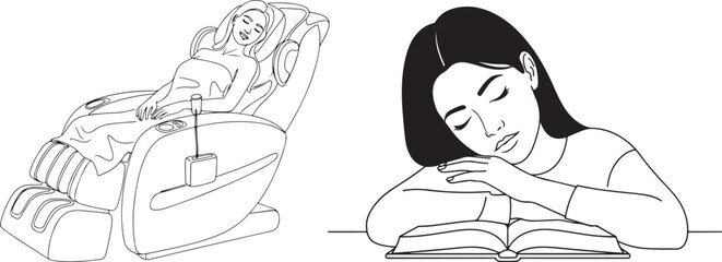 Monochrome Vector Illustrations Depicting Women Sleeping and Relaxing.
