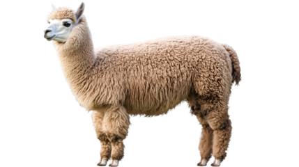 A full body shot of a light brown alpaca standing in a field with a black background behind it