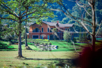 Obraz premium The natural background of colorful flower beds, with chairs to sit and rest while watching the scenery, the wind blows through the blur, cool and comfortable.