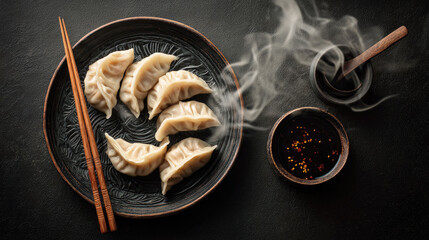 Flat lay of steaming Asian dumplings (Gyoza) on a dark plate with soy dipping sauce and chopsticks. Low key