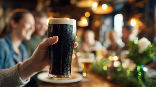 Close-up of a hand holding a pint of dark stout beer making a toast in a blurry, festive pub environment
