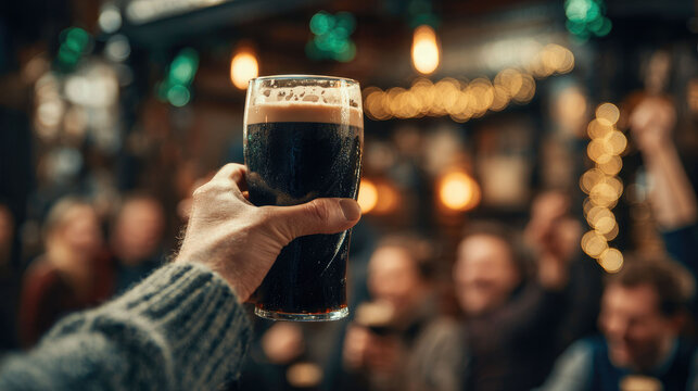Close-up of a hand holding up a glass of dark beer in a busy pub setting, making a cheer or toast